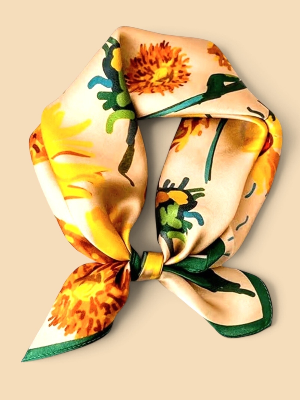 🌻Silky Fall Colors! Yellow + Orange Floral Neck Scarf/Bag Decor Green Trim